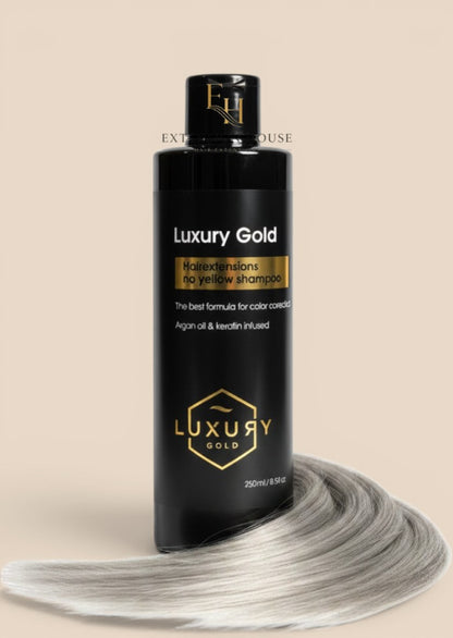 Extension house Luxury Gold No Yellow shampoo voor blond haar met extensions, verrijkt met arganolie en keratine.