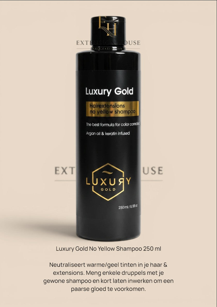 Extension house Luxury Gold No Yellow shampoo fles van 250ml voor blond haar met extensions en arganolie.