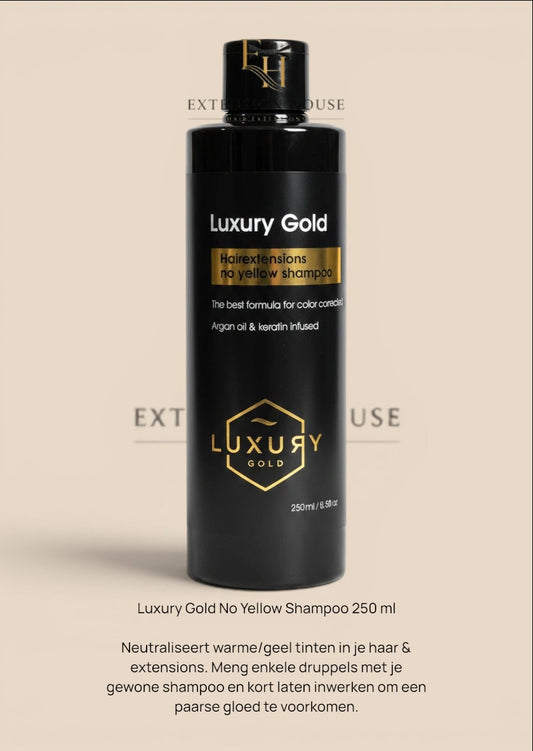 Extension house Luxury Gold No Yellow shampoo fles van 250ml voor blond haar met extensions en arganolie.