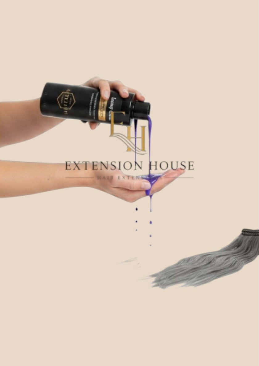 Extension house Luxury Gold No Yellow shampoo met paarse pigmenten voor blond haar en hairextensions.