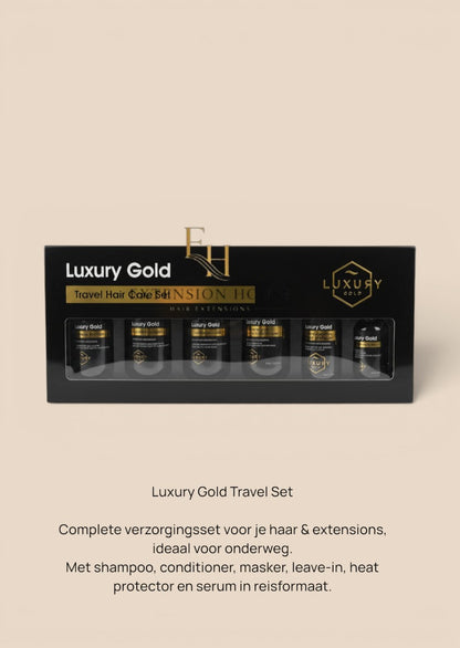 Extension house Luxury Gold 6-delige reisset met haarverzorging voor extensions in luxe zwarte geschenkverpakking.