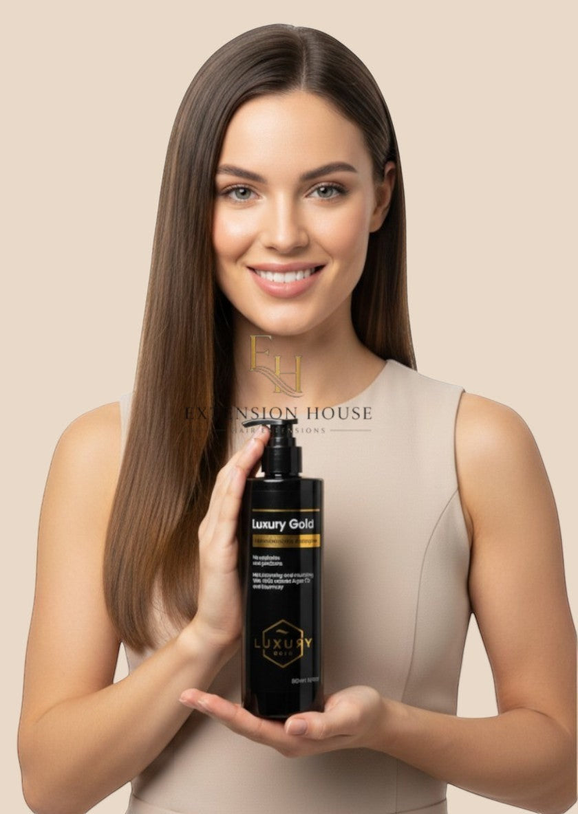 Extension house Luxury Gold hairextensions shampoo 500ml vastgehouden door een vrouw met lang, glanzend bruin haar.