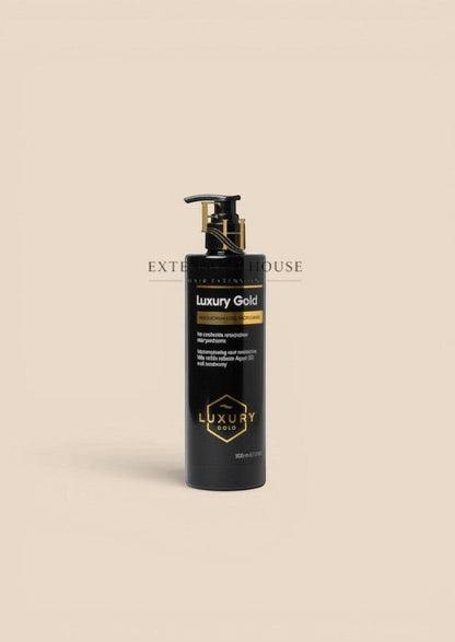 Extension house Luxury Gold shampoo in zwarte fles met pompje, speciaal voor verzorging van hairextensions.