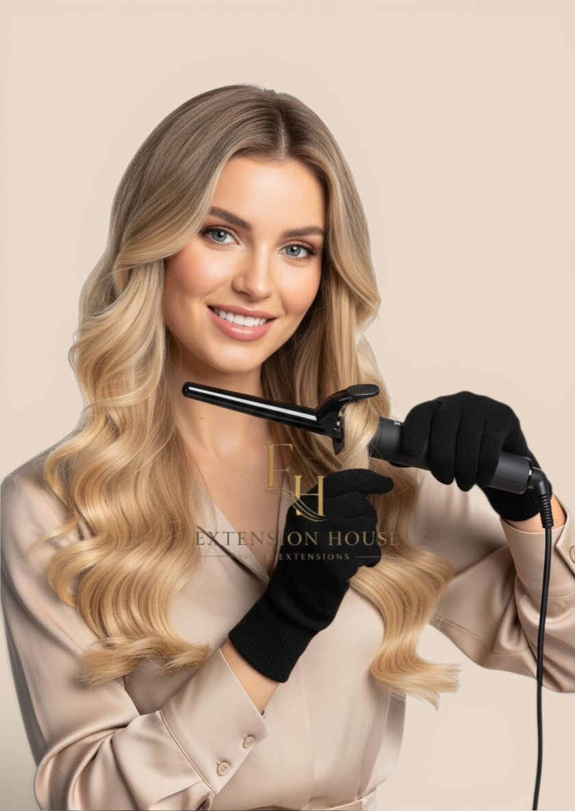 Vrouw met blond haar gebruikt de zwarte Max Pro Fusion 5-in-1 krultang van Extension house met hittebestendige handschoen