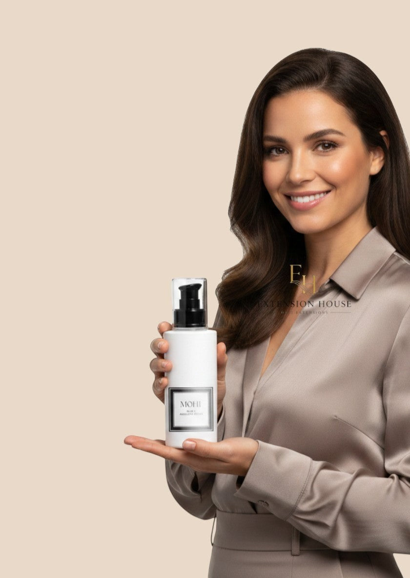 Vrouw houdt MOHI 10 in 1 Absolute Repair leave-in spray vast, geschikt voor alle haartypes en extensions.