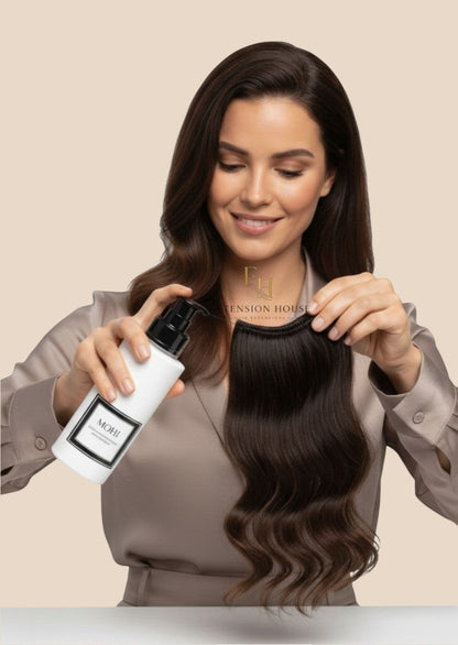 Vrouw gebruikt Extension house MOHI 10 in 1 Absolute Repair leave-in spray op bruine haar extensions voor glans.