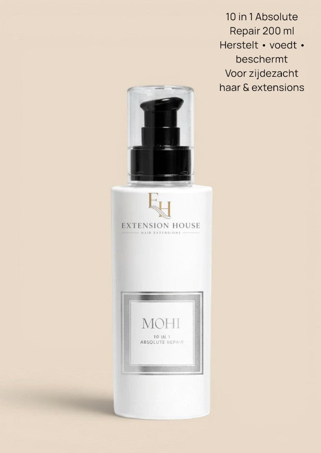 MOHI 10-in-1 Absolute Repair spray van Extension house in witte fles voor herstel van beschadigd haar en extensions.