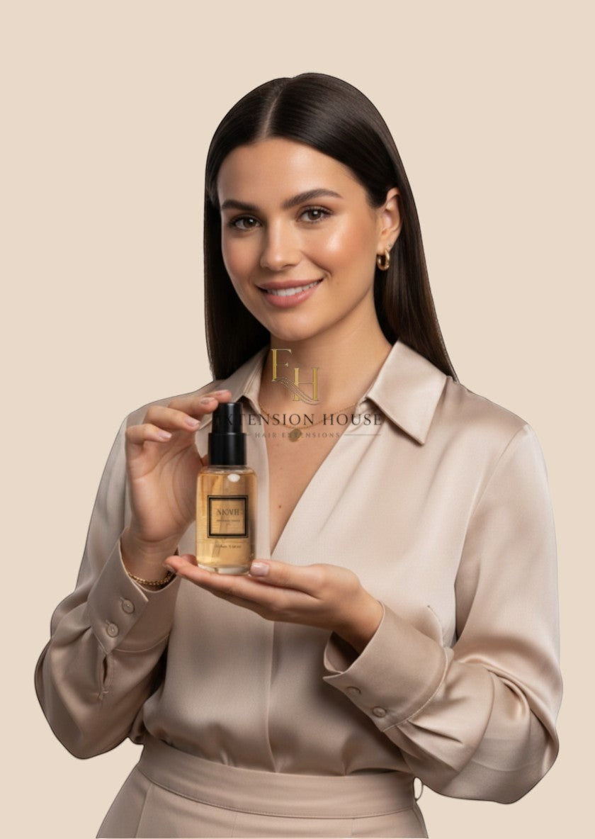 Vrouw met glanzend haar houdt MOHI Bonding Elixir haarolie vast, aangeboden door Extension house.