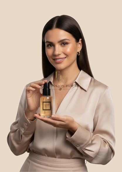Vrouw met glanzend haar houdt MOHI Bonding Elixir haarolie vast, aangeboden door Extension house.