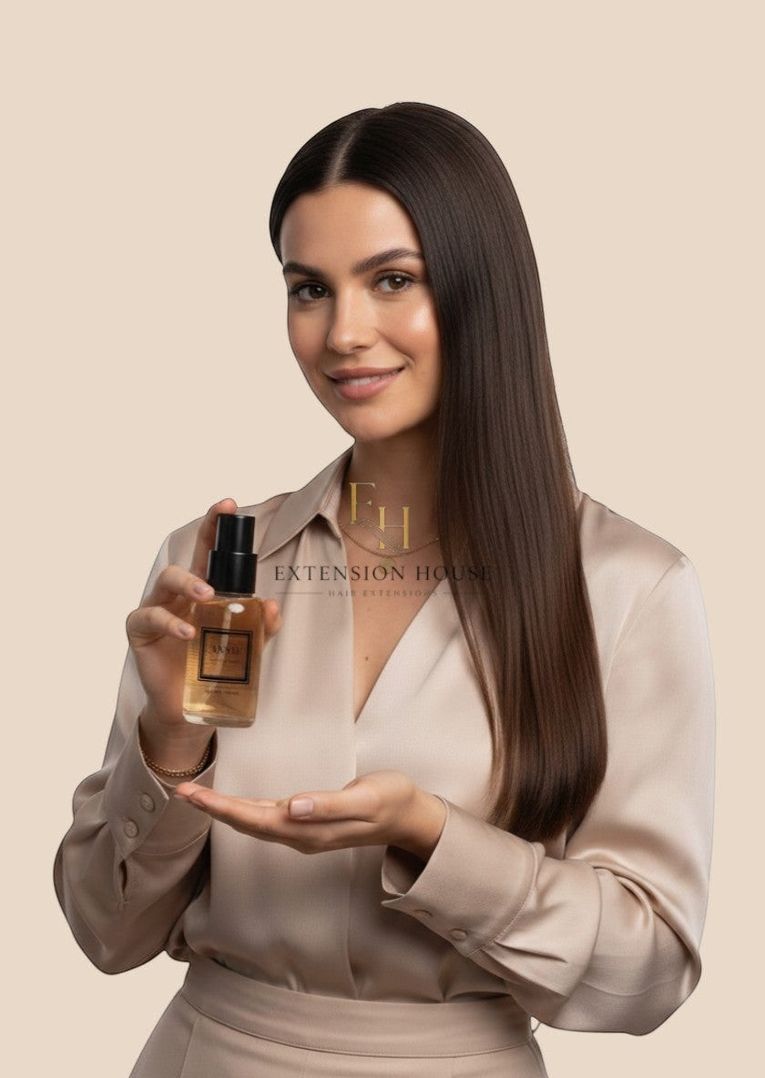 Vrouw met glanzend haar houdt MOHI Bonding Elixir haarolie vast, aangeboden door Extension house.