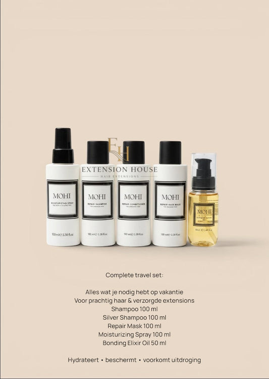 Extension house MOHI haarverzorgingsset met shampoo, conditioner, masker, spray en olie voor herstel van haar.