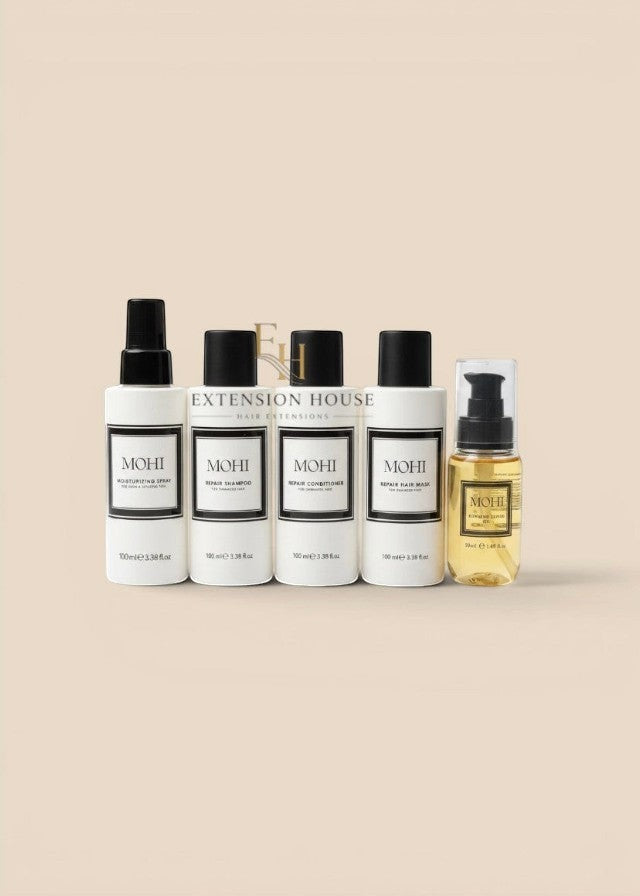 MOHI haarverzorgingsset van Extension house met hydraterende spray, shampoo, conditioner, masker en haarolie.