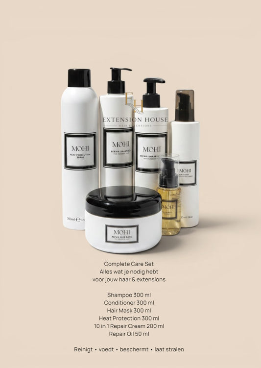 MOHI Complete Haarverzorgingsset van Extension house voor beschadigd haar met shampoo, conditioner en haarmasker.