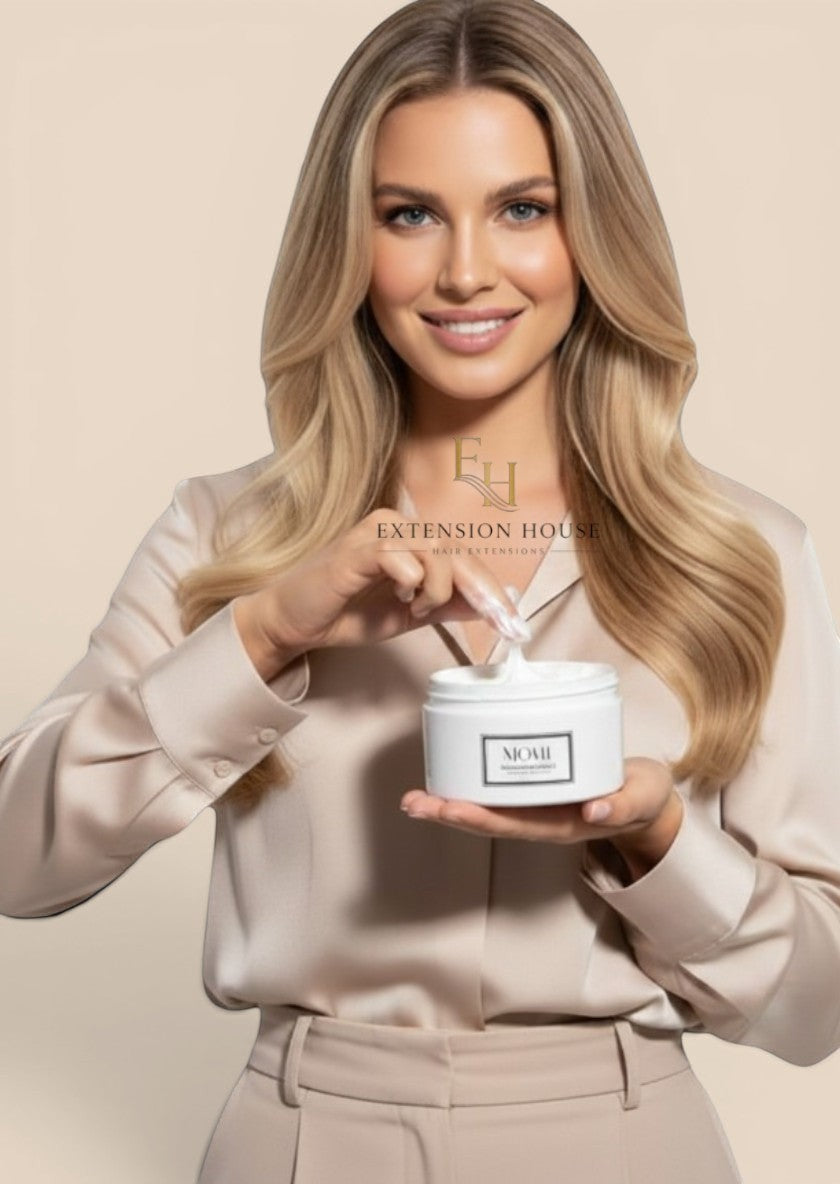 Vrouw met blond haar houdt een pot Extension house MOHI herstellend haarmasker vast voor intensief haarherstel.