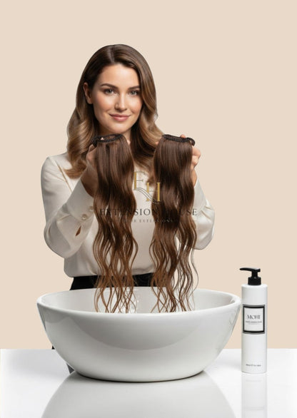 Vrouw bij Extension house toont bruine hairextensions naast een fles MOHI herstellende conditioner voor haarverzorging