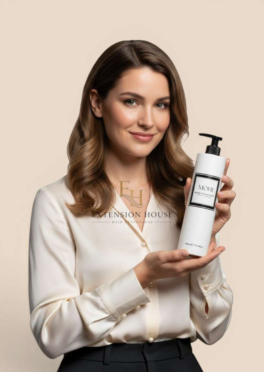 Vrouw met glanzend haar houdt een witte MOHI herstellende conditioner pompflacon vast van Extension house.