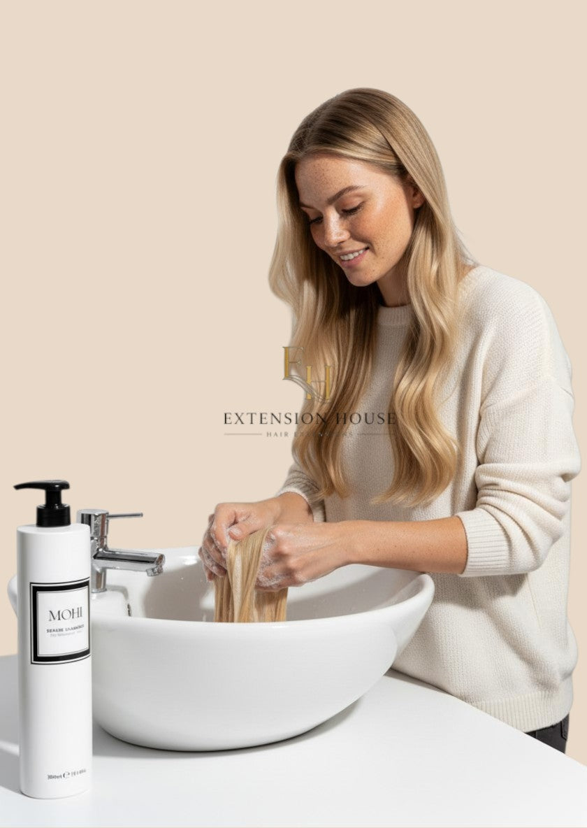Extension house MOHI herstellende shampoo in witte pompflacon gebruikt door vrouw met blond haar bij een wasbak.