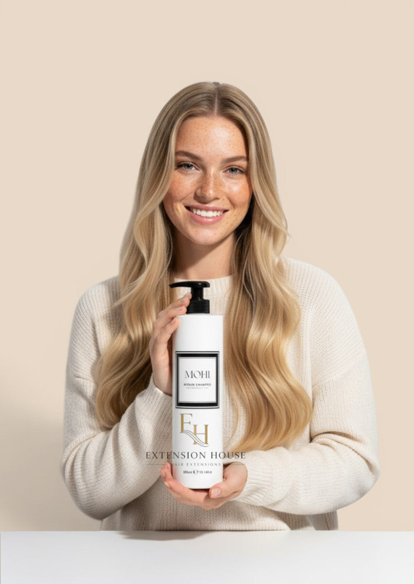 Vrouw met lang blond haar houdt een witte fles MOHI Herstellende Shampoo vast van Extension house.