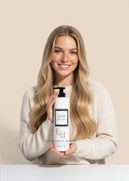 Vrouw met lang blond haar houdt een witte fles MOHI Herstellende Shampoo vast van Extension house.