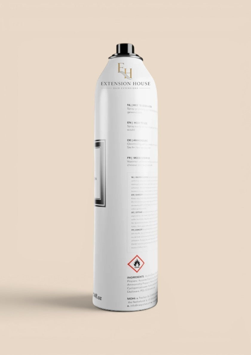 Extension house MOHI hittebeschermende spray in witte spuitbus voor professionele haarverzorging en styling.