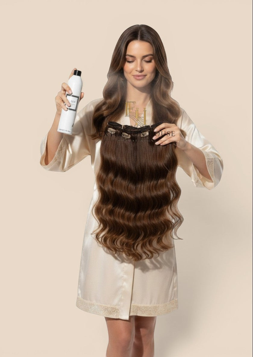 Extension house MOHI hittebeschermende spray gebruikt op bruine hairextensions voor bescherming en glans.