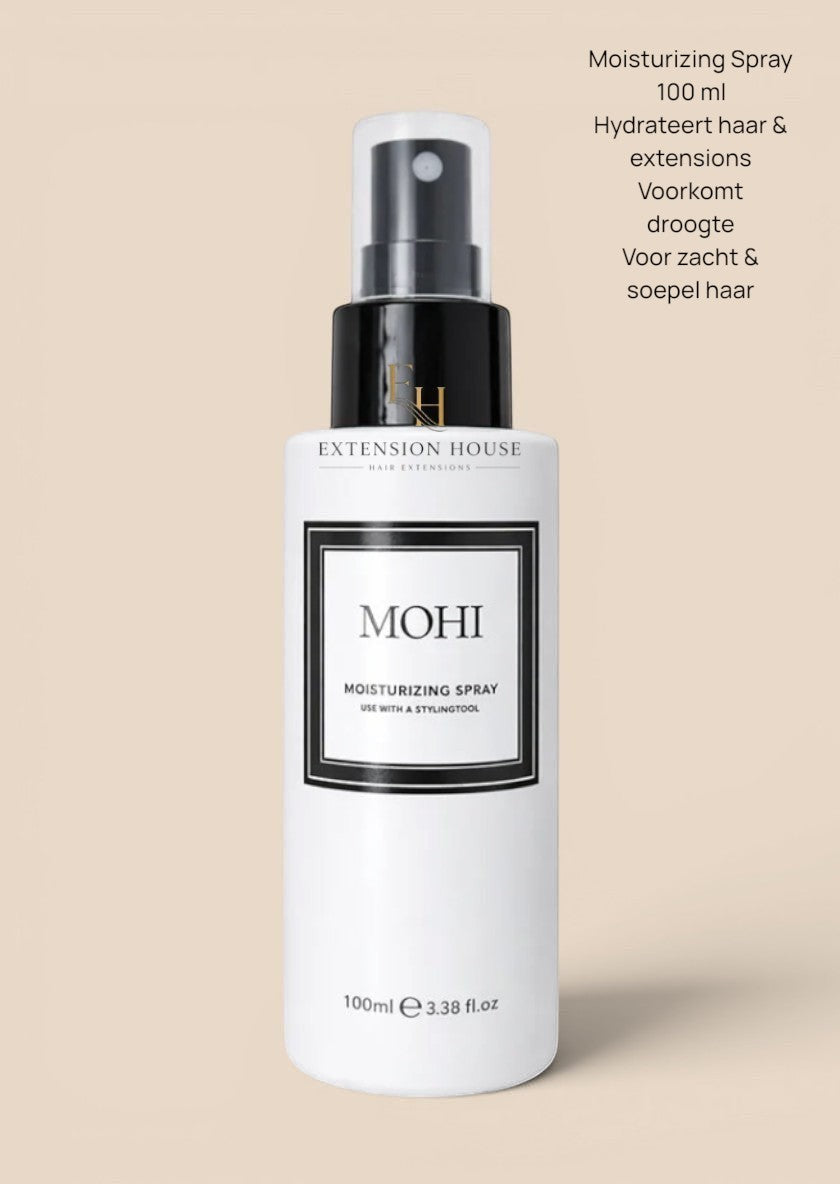 MOHI Hydraterende Haarverzorgingsspray van Extension house in witte 100ml fles voor glanzend en pluisvrij haar.