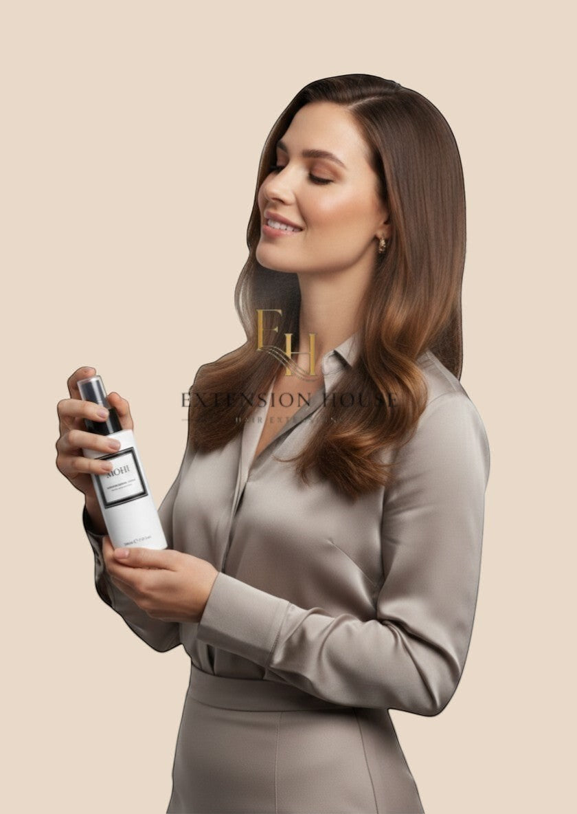 Vrouw met glanzend haar gebruikt Extension house MOHI hydraterende haarverzorgingsspray in witte 100ml fles.