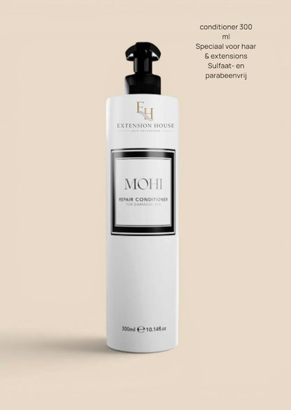 Extension house MOHI Repair Conditioner voor beschadigd haar en extensions, 300ml sulfaat- en parabeenvrije formule.