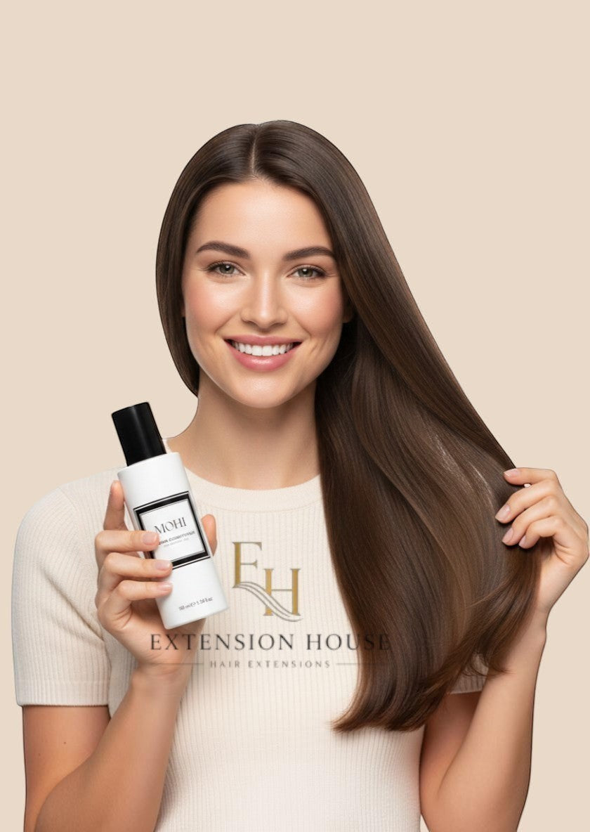 Extension house Mohi Repair Conditioner voor beschadigd haar, 100 ml flesje in handen van een vrouw met lang bruin haar.
