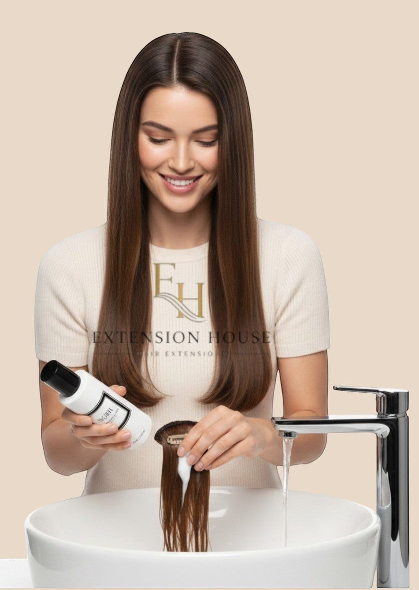 Extension house Mohi Repair Conditioner voor beschadigd haar, 100 ml, met een vrouw die het aanbrengt op haar extensies.