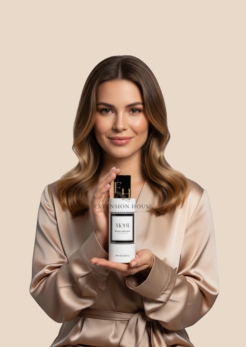 Extension House Mohi Repair Haarmasker voor beschadigd haar, 100 ml. Vrouw met golvend bruin haar houdt de fles vast.