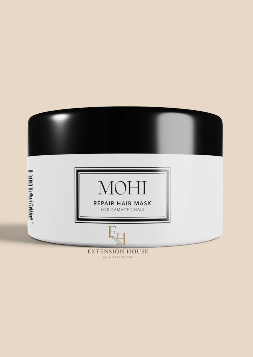 Extension house MOHI Repair Hair Mask 300ml voor intensief herstel van droog en beschadigd haar in witte pot.