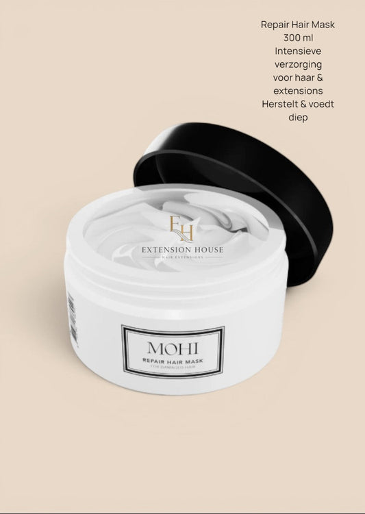 Extension house MOHI Repair Hair Mask 300ml in een witte pot met zwarte dop voor intensief herstel van beschadigd haar