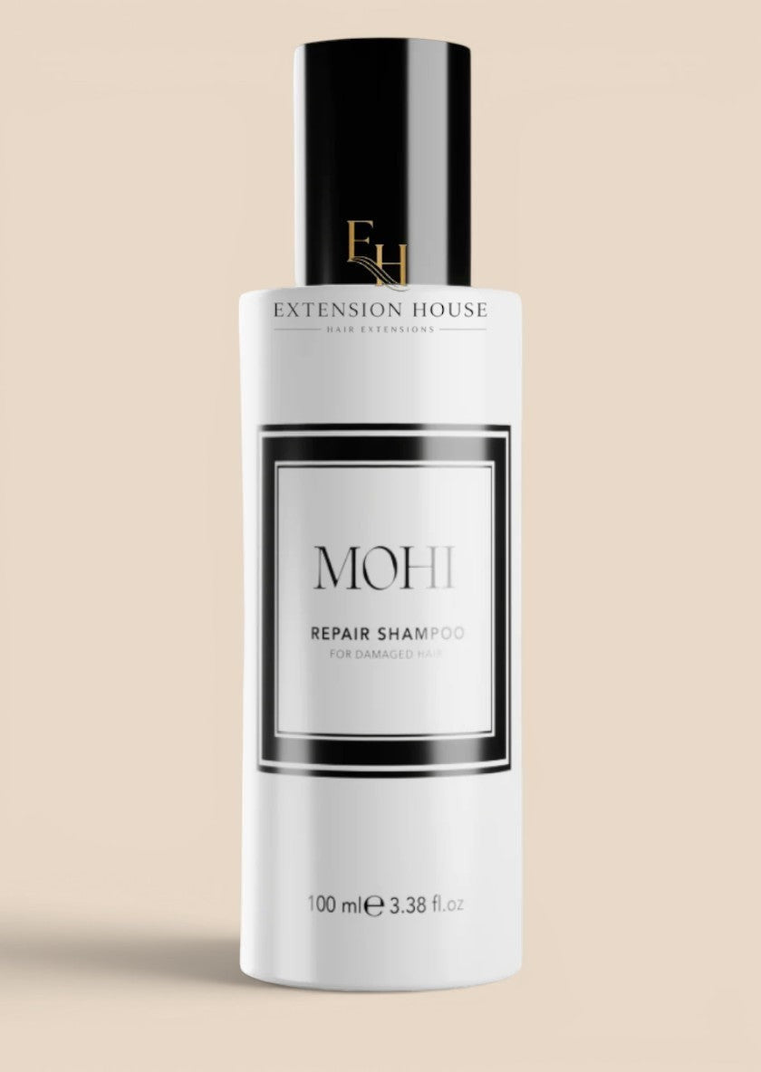 Extension house MOHI Repair Shampoo in een witte fles van 100ml voor herstel van beschadigd haar en extensions.