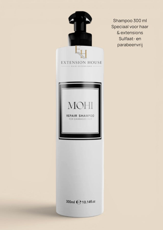 Extension house MOHI Repair Shampoo voor beschadigd haar en extensions, sulfaat- en parabeenvrij in 300ml fles.