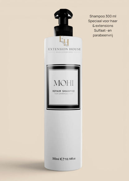 Extension house MOHI Repair Shampoo voor beschadigd haar en extensions, sulfaat- en parabeenvrij in 300ml fles.