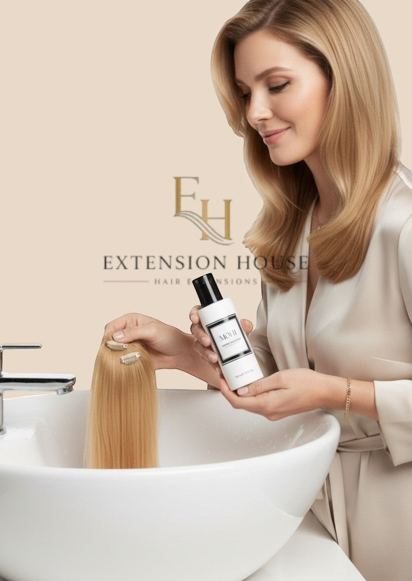 Extension house Mohi Repair Shampoo voor beschadigd haar, 250ml. Vrouw met blond haar houdt fles vast bij wastafel met extensions.