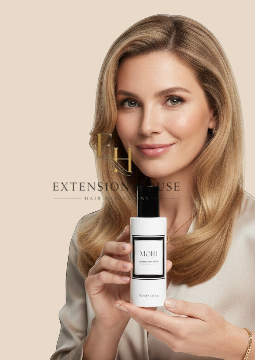 Extension house Mohi Repair Shampoo voor beschadigd haar, 100ml flesje vastgehouden door een vrouw met blond haar