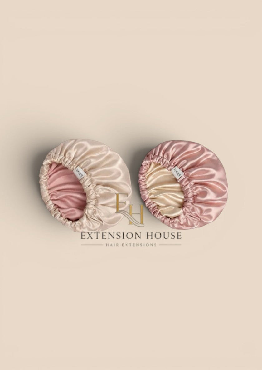 Extension house MOHI satijnen slaapmuts in beige en roze voor haarverzorging en bescherming tegen frizz.