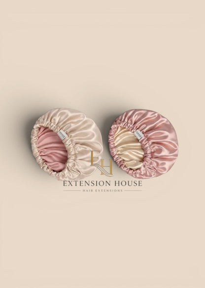 Extension house MOHI satijnen slaapmuts in beige en roze voor haarverzorging en bescherming tegen frizz.
