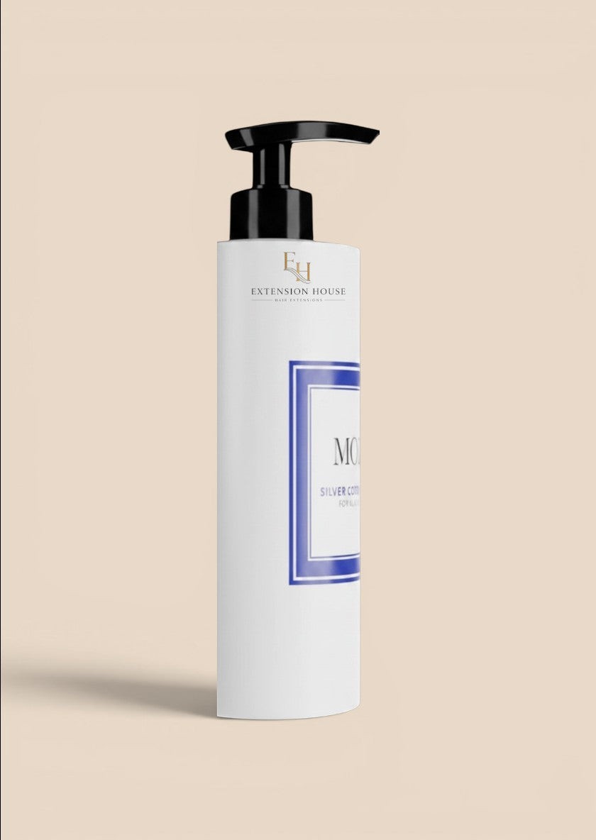 Extension house MOHI Silver Conditioner in een witte 300ml fles met zwarte pomp voor blond en gebleekt haar.