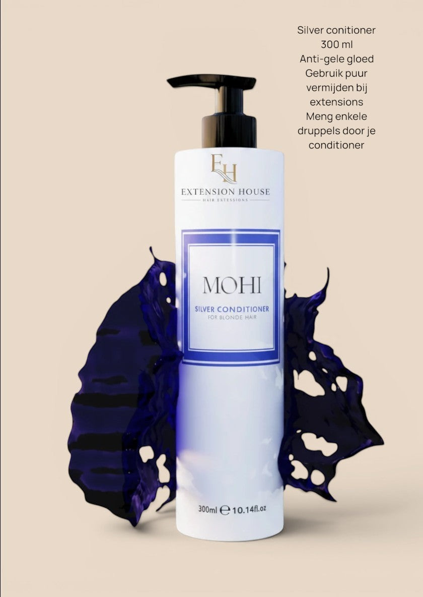 Extension house MOHI Silver Conditioner 300ml voor blond haar met paarse splash voor kleurbehoud en hydratatie.