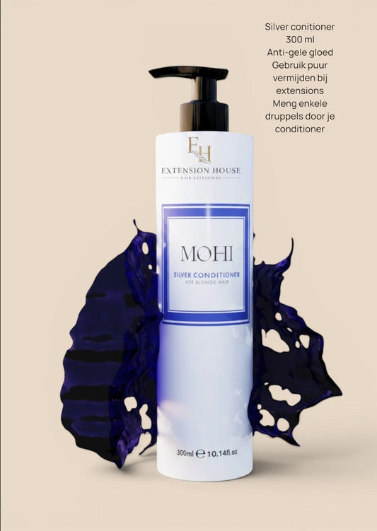 Extension house MOHI Silver Conditioner 300ml voor blond haar met paarse splash voor kleurbehoud en hydratatie.