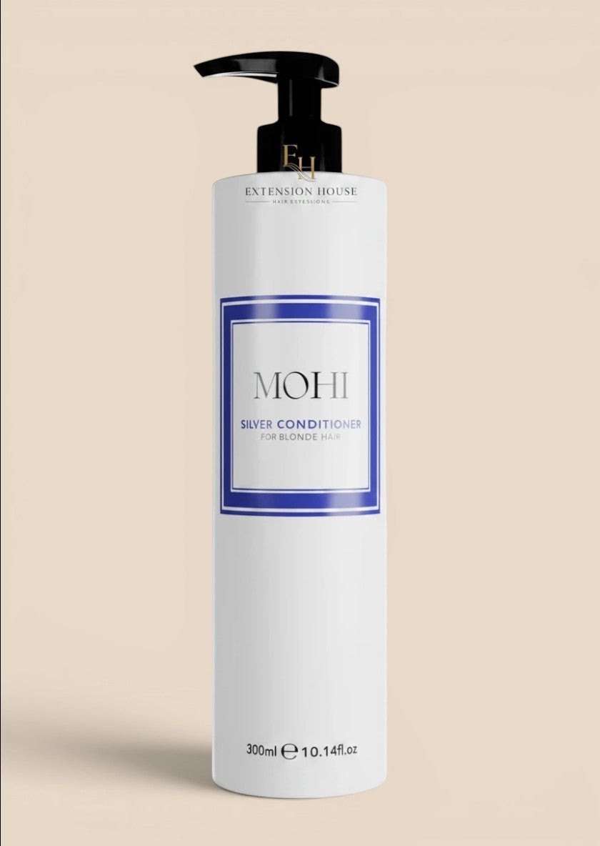 Extension house MOHI Silver Conditioner 300ml voor blond en gebleekt haar in witte fles met zwarte pomp