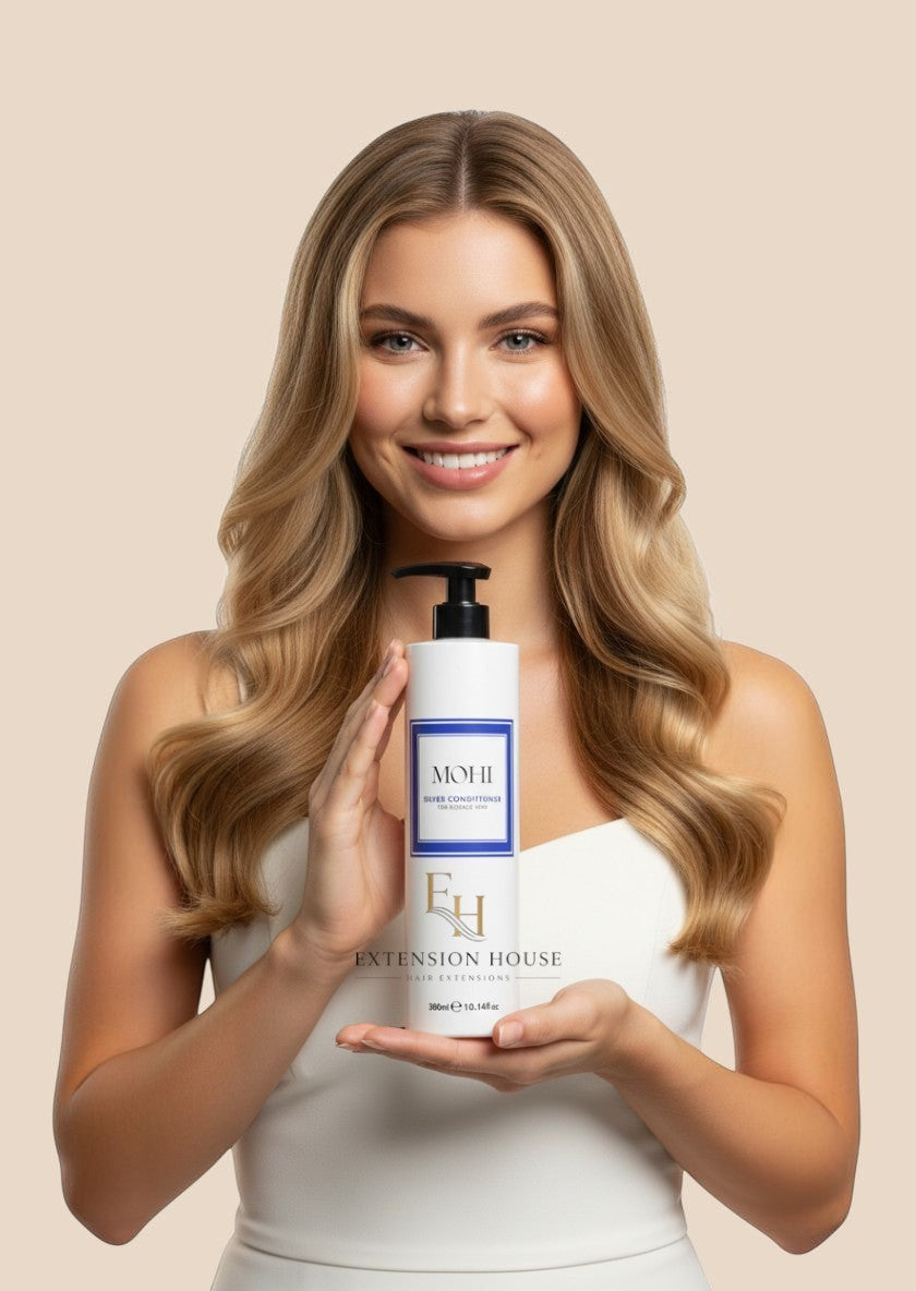 Extension house MOHI Silver Conditioner 300ml voor blond haar, vastgehouden door een vrouw met lang golvend haar.