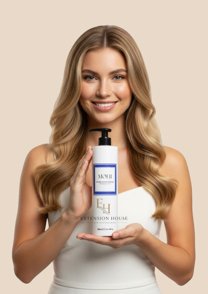 Extension house MOHI Silver Conditioner 300ml voor blond haar, vastgehouden door een vrouw met lang golvend haar.