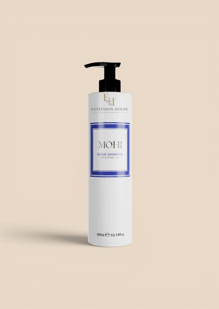 MOHI Silver Shampoo van Extension house in een witte fles van 300ml met zwarte pomp voor blond en gebleekt haar.