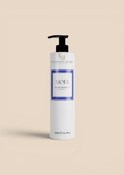 MOHI Silver Shampoo van Extension house in een witte fles van 300ml met zwarte pomp voor blond en gebleekt haar.