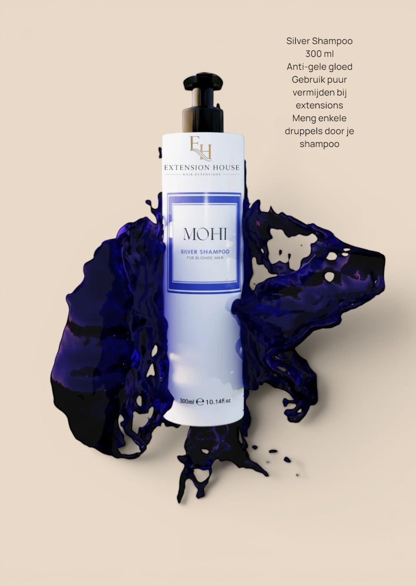 Extension house MOHI Silver Shampoo 300ml voor blond haar met een splash van paarse shampoo voor kleurbehoud