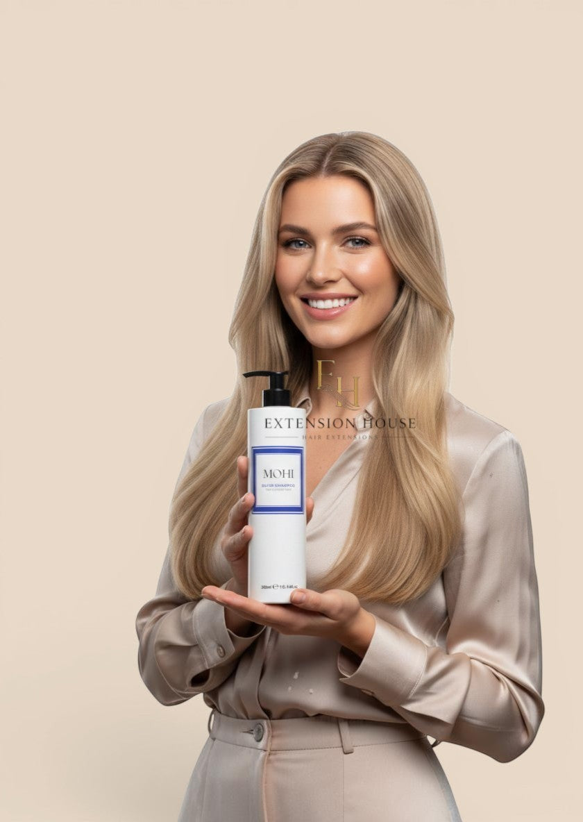 Vrouw met blond haar houdt een fles MOHI Silver Shampoo vast van Extension house voor stralend koel blond haar.